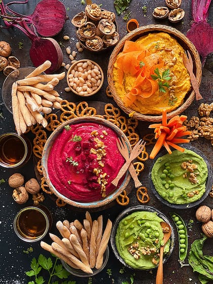 Opciones de hummus elaborado a base de remolacha, zanahoria o arvejas