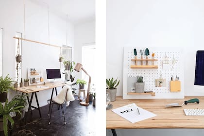 Organizador vertical sobre la mesa de caballete, Börd Deco. Lámpara de pie, Klik Iluminación y corderito sobre la silla, Mewa Deco.