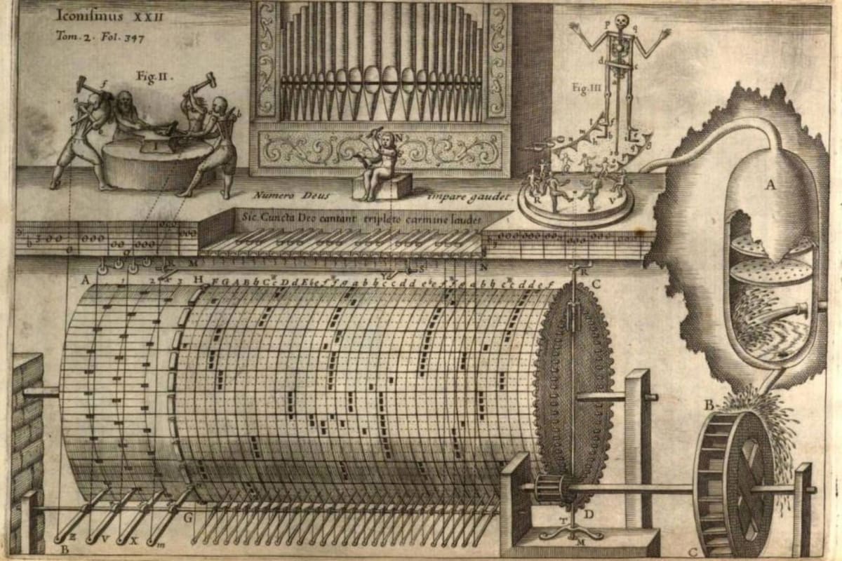 Órgano hidráulico con esqueleto danzante recogido en Musurgia Universalis (1650)