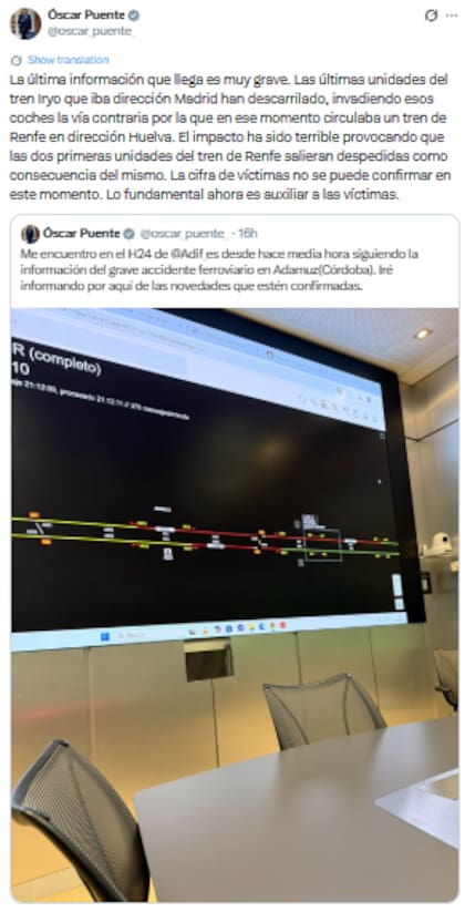 Óscar Puente, ministro de Transporte, calificó el accidente como un hecho “tremendamente extraño” (X: @oscar_puente_)