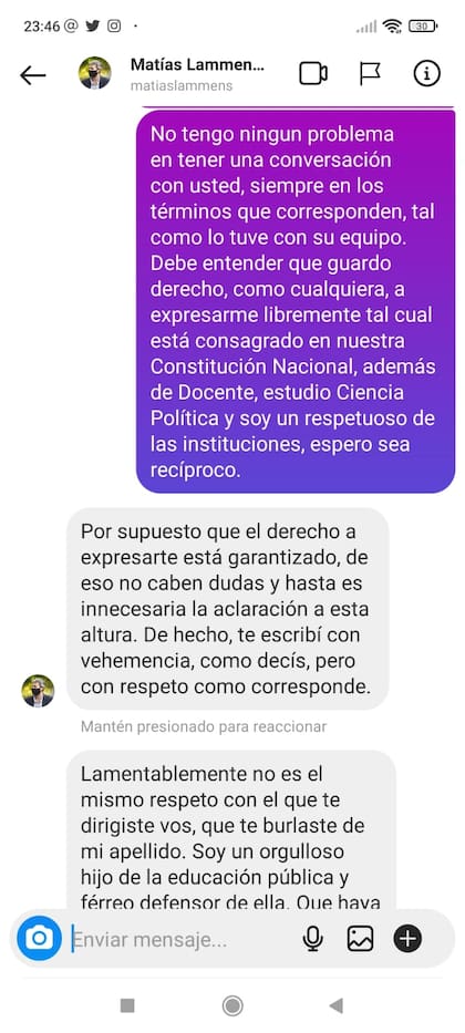 Otra de las capturas del intercambio de Lammens con el docente