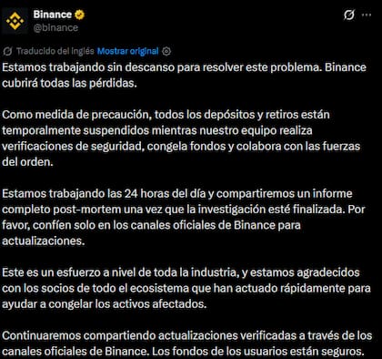 Otro de los comunicados compartidos por Binance