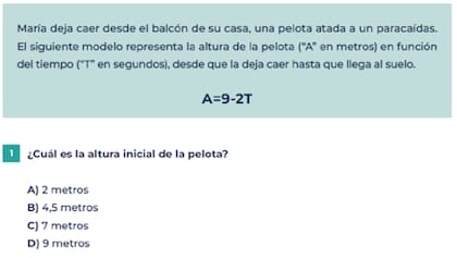 Otro de los ejercicios del modelo de evaluación proponía calcular la altura inicial de una pelota a partir de una fórmula lineal