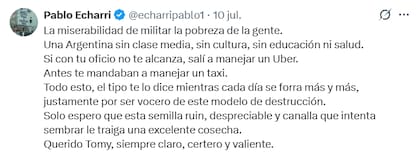 Pablo Echarri se sumó a las críticas contra Fantino