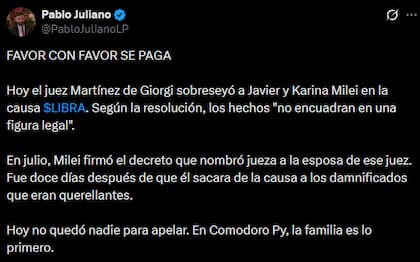 Pablo Juliano dijo que "favor con favor se paga"