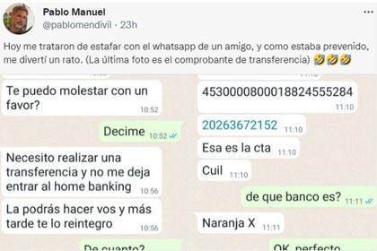 Pablo Mendivil, en su cuenta de Twitter, viralizó una conversación de WhatsApp que previno una estafa