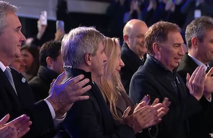 Pablo Quirno, Luis Caputo, Karina Milei y Diego Santilli en la Casa de Tucumán, durante el acto del Día de la Independencia