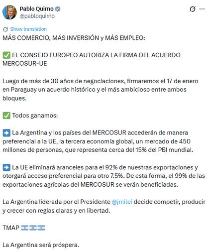Pablo Quirno manifestó su apoyo al acuerdo entre la UE y el Mercosur (X: @pabloquirno)