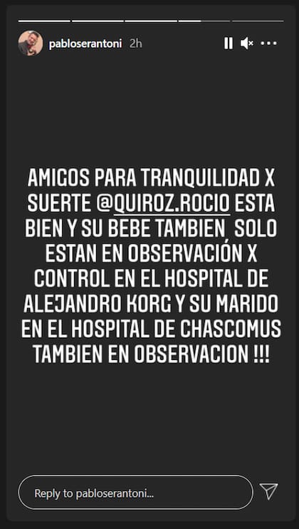 Pablo Serantoni confirmó la noticia a través de Instagram e intentó mandar tranquilidad a los fanáticos de la cantante