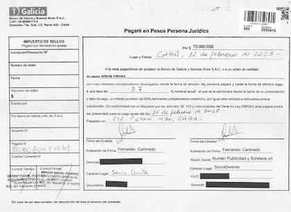 Pagaré incluido en una demanda judicial contra Fernando Cerimedo