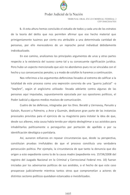 Página 1605 de los fundamentos de la sentencia a Cristina Kirchner