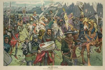 Página central de la revista Puck, 21 de febrero de 1906, "Los cruzados" de C. Hassman. La ilustración de un gran grupo de políticos y periodistas en una cruzada contra el soborno y la corrupción, incluida Ida Tarbell