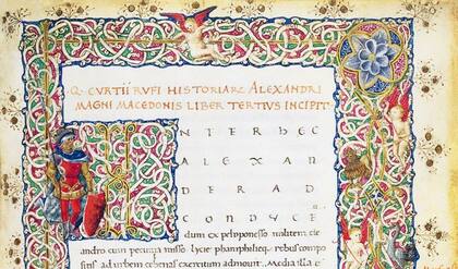 Página iluminada de "Historiae Alexandri Magni" (Historia de Alejandro Magno de Macedonia), de Quintus Curtius Rufus, manuscrito en latín.