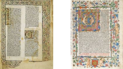 Página iluminada del De civitate dei (De la Ciudad de Dios), de Agustín de Hipona (izq). Traducción al español de 1446-82. Artista Cano de Aranda (der)