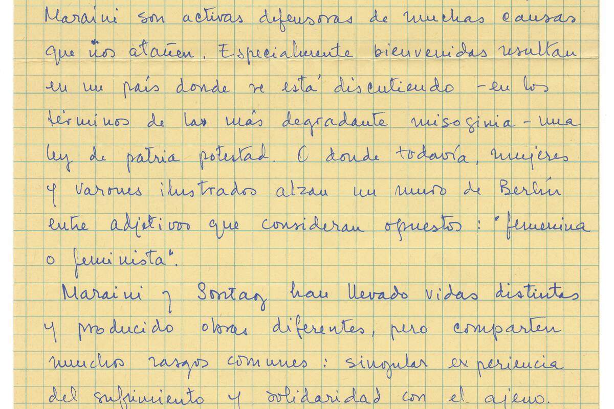 Página manuscrita con las palabras que Walsh pronunció con motivo de la visita a la Feria del Libro de 1985 de Susan Sontag y Dacia Maraini