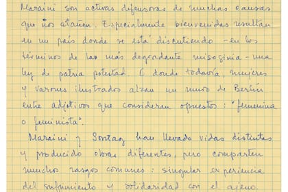 Página manuscrita con las palabras que Walsh pronunció con motivo de la visita a la Feria del Libro de 1985 de Susan Sontag y Dacia Maraini