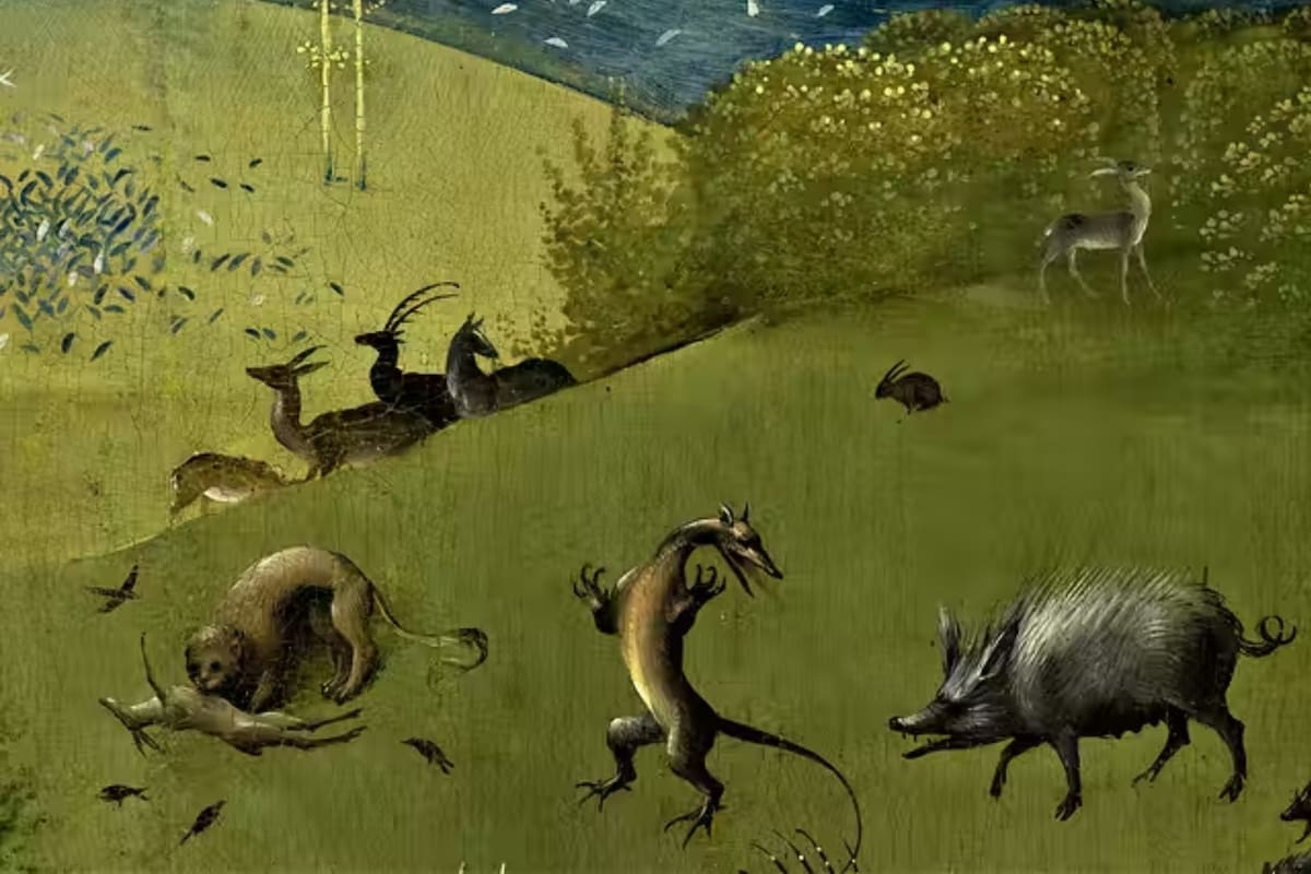 Paisaje con fauna, detalle de El Jardín de las Delicias (Jerónimo Bosch, el Bosco, 1474–1516)