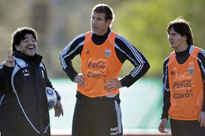 Diego, Palermo y Messi, durante un entrenamiento previo al Mundial 2010