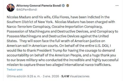 Pam Bondi, fiscal general de EE.UU., Pam Bondi, afirmó que Maduro y Flores “pronto enfrentarán la ira de la justicia estadounidense en suelo estadounidense y en tribunales estadounidenses”