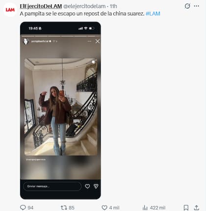 Pampita compartió en sus historias de Instagram un posteo de la China Suárez y rápidamente lo eliminó (Foto: X @elejercitodelam)