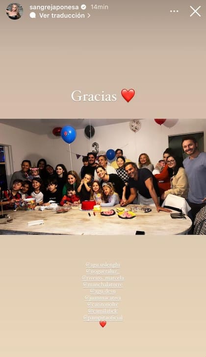 Pampita, la China Suárez y Benjamín Vicuña, reunidos en 2023 en cumpleaños de Amancio (Foto: Instagram @sangrejaponesa)