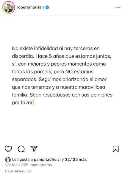 Pampita le dio like al descargo de Moritán (Foto: Instagram/@robergmoritan)