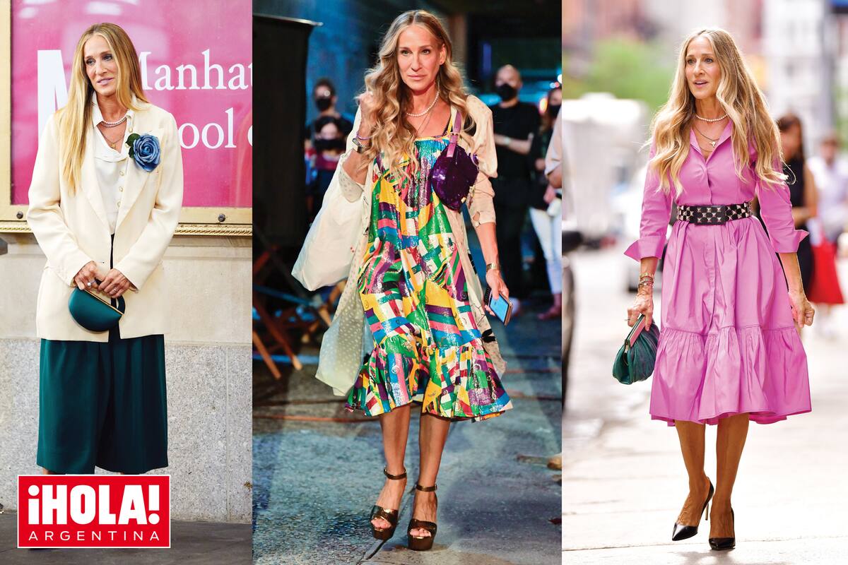 Pantacourts, blazers XL , alguna icónica Baguette de Fendi (centro) y los zapatos de Manolo Blahnik (como los que acompañan el vestido camisero de Carolina Herrera), forman parte del guardarropa de la protagonista.