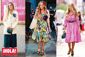 Pantacourts, blazers XL , alguna icónica Baguette de Fendi (centro) y los zapatos de Manolo Blahnik (como los que acompañan el vestido camisero de Carolina Herrera), forman parte del guardarropa de la protagonista.