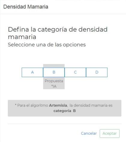 Pantalla con el resultado sugerido por IA a partir del análisis de una mamografía