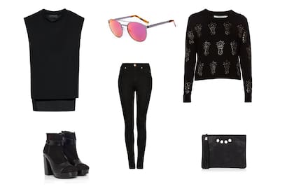 Pantalón (las Pepas, $1590) Sweater (Cher, $2600) Remera (Deleon, $998) Botinetas (Sofi Martiré) Sobre (Heyas, $930) Anteojos (Absurda)