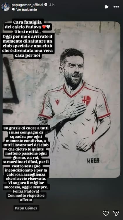 Papu Gómez le dijo adiós a Calcio Padova tras disputar menos de diez partidos con esa camiseta