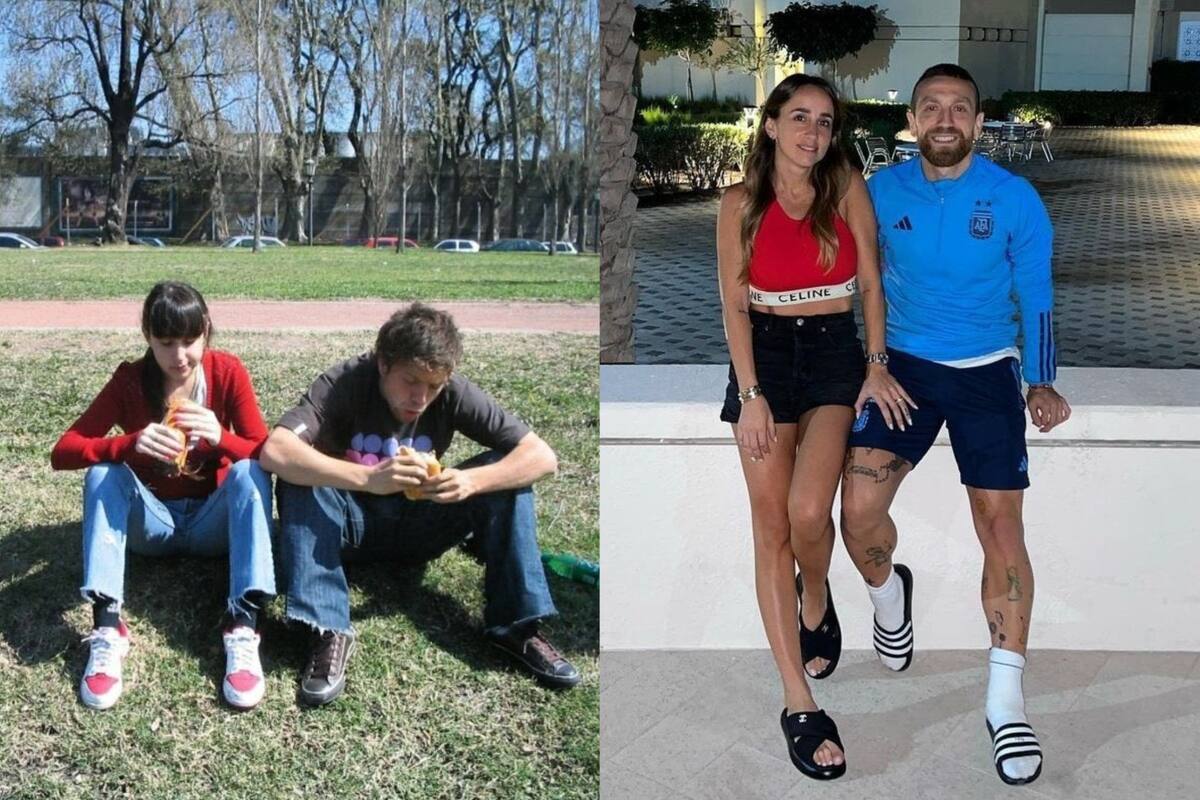 Papu Gómez y su mujer Linda Raff, cuando recién se conocían y ahora en Qatar