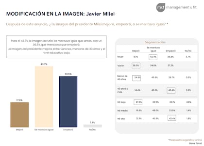 Para el 43,7% de los consultados, la imagen de Milei se mantuvo igual que antes de la cadena nacional
