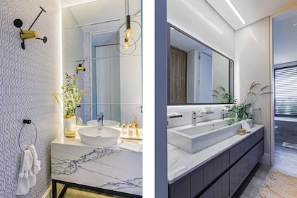 En el toilette, papel ‘Arabescos’ (Enamorada del Muro), perchero ‘Gubi’ (smallable.com), mesada de Calacatta (Mármoles Itatí) y bacha ‘Capevoid’. Para el antebaño de los chicos, pileta doble ‘Vero’ (ambas de Duravit).