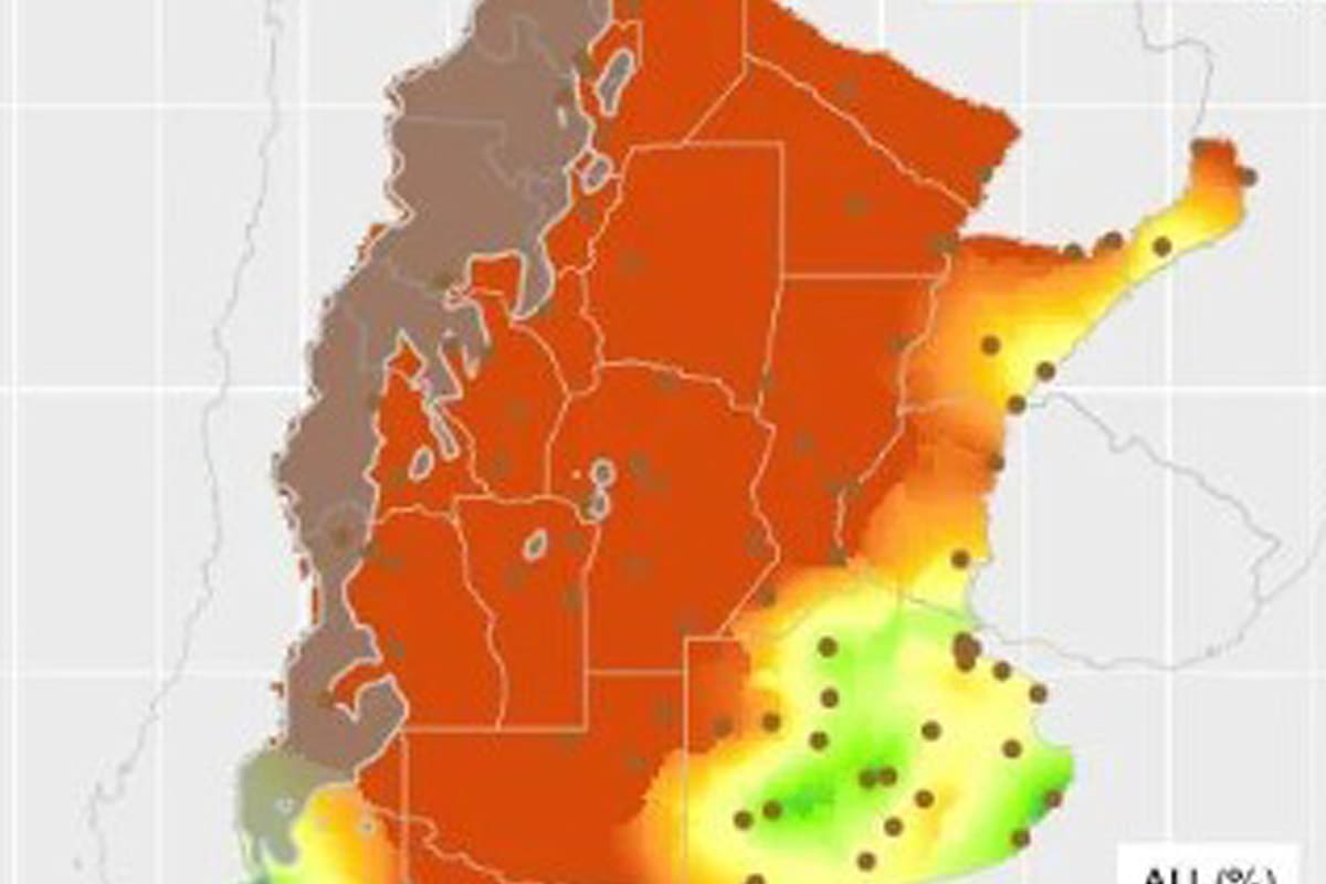 Para el centro norte del país se observan valores deficitarios en porcentajes para el agua útil en la capa arable, lo que se refleja con el rojo intenso (SMN)
