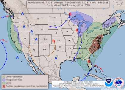 Para el domingo 17 de diciembre se esperan que ambas costas de Estados Unidos tengan abundantes lluvias