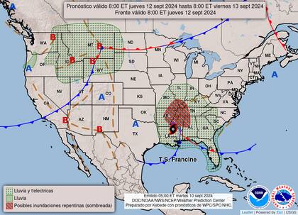 Para el jueves 12 de septiembre se espera que el huracán Francine provoque lluvias, tormentas eléctricas y riesgo de inundaciones repentinas en varios estados