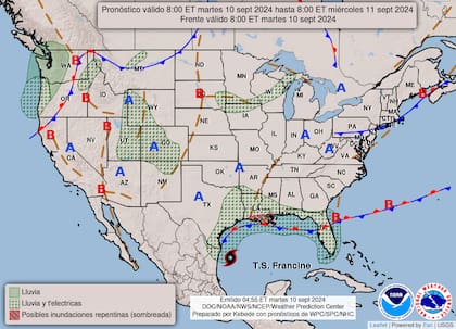 Para el jueves 12 de septiembre se espera que el huracán Francine provoque lluvias y tormentas eléctricas en varios estados