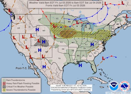 Para este viernes, el NWS mantiene un nivel 3 de 5 de riesgo reforzado por tormentas severas en sectores de las Llanuras Centrales y el valle medio del Mississippi