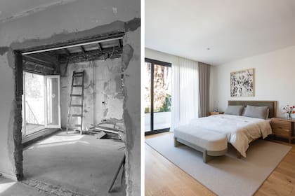 Para hacer la suite con vestidor y baño se unieron dos habitaciones. Cama con respaldo tapizado en pana washed, mesa de luz en petiribí con tapa de mármol ‘Tundra Black’ y pie de cama (todo de Urbano Estudio). Enmarcado, pañuelo estampado de Mica Kim.