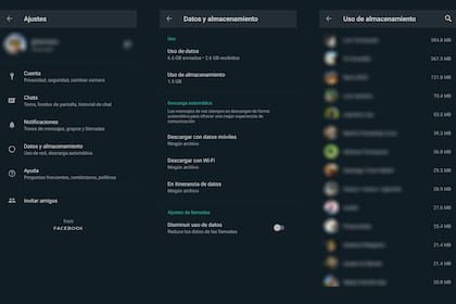 Para identificar cuáles son los chats que ocupan más espacio en el teléfono con fotos, videos y audios hay que ingresar en Ajustes, Datos y almacenamiento, y luego elegir Uso de almacenamiento
