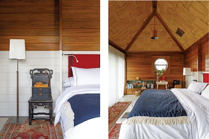 Para la cama, percal blanquísimo con cordón gris y un mantón azul profundo de lino (todo de Angelina Linen). Kilims (Rug It).