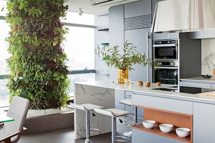 Para la instalación de este jardín vertical fue necesaria una conexión de agua y un sistema de iluminación y riego que se programa con un timer a batería.