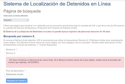 Para localizar a una persona detenida por ICE se deberá introducir el "Número A" y el país de nacimiento