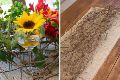 Para lograr distintos planos en las alturas de las flores, pueden alternarse tubos contenedores con copas de vidrio. La estructura natural que hace de base, hecha con ramas de enamorada del muro, se puede guardar para otra oportunidad.