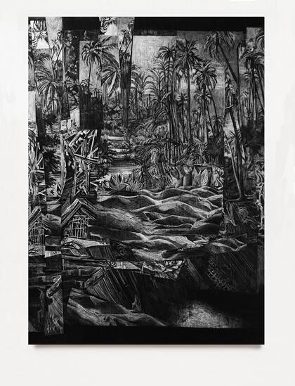 Para los dibujos abstractos de esta serie, Ercole emplea agujas, cuchillas y otras herramientas que se inventa para descubrir el blanco del papel