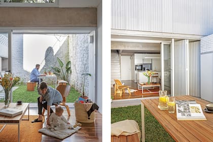Mariano trabaja en el jardín, su lugar favorito de la casa, mientras Ludmila juega con Rita. Afuera, bancos de pino tea reciclada y mesa con estructura metálica y tapa de pino tea (diseño del estudio Alonso Crippa) que se pliega y se guarda en un mueble al lado de la parrilla.