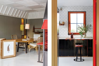Para separar sutilmente el comedor, medio biombo hecho con ilustraciones enmarcadas. En la cocina, el marco de la ventana está recubierto en cuero vaqueta.