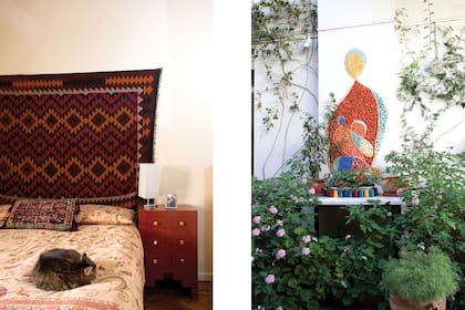 Para su cuarto, la dueña de casa mandó a hacer unas mesas de luz cuyas patas reproducen las molduras art déco del departamento.