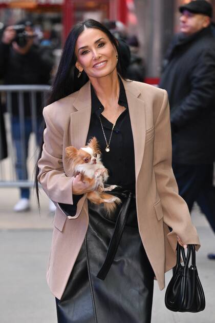 Para su participación en el programa Good Morning America –donde llevó a su chihuahua, obvio– eligió un look total black de pollera engomada y camisa, que complementó con un blazer camel. Otro día, también en Nueva York, protegió del frío a su amor de cuatro patas llevándola dentro de su abrigo de paño negro.